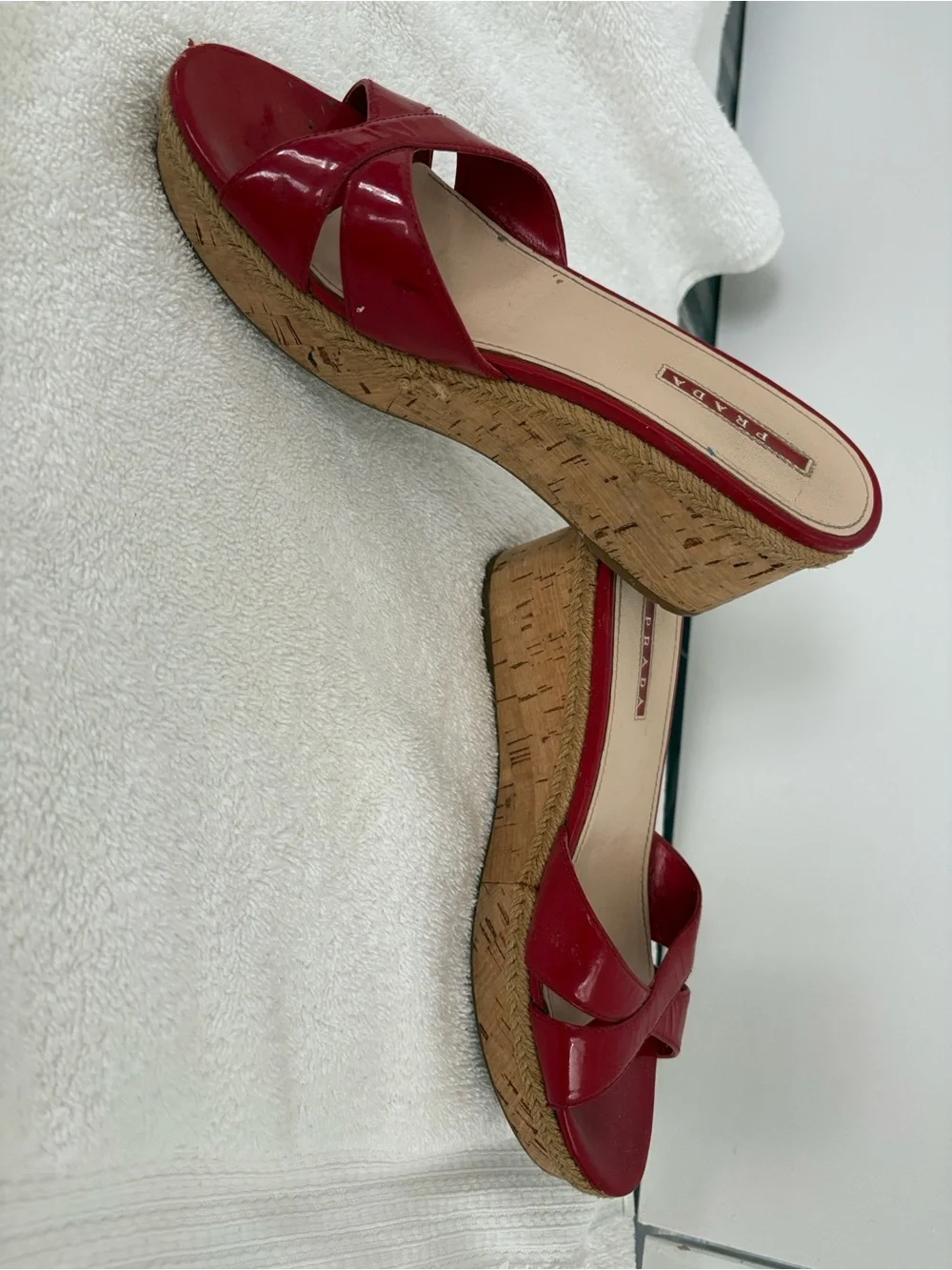 Prada Red Patent Cork Platform Slide Sandals